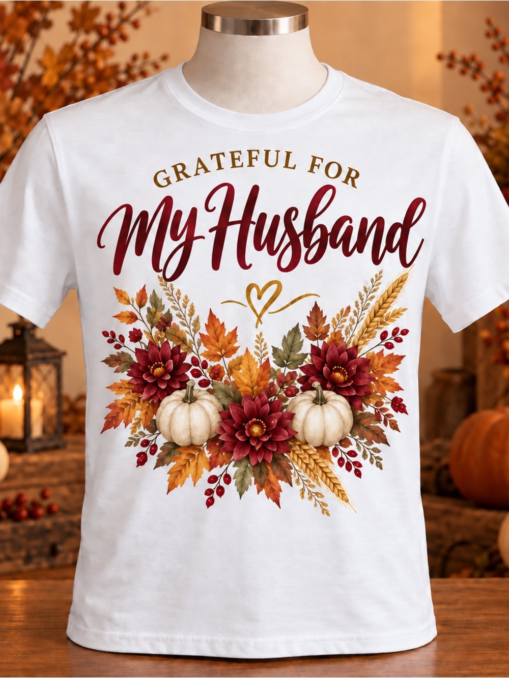 Gildan White Tee with Burgundy Script & Autumn Floral Pumpkin Graphic